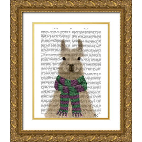 Llama with Purple Scarf, Portrait Book Print Gold Ornate Wood Framed Art Print with Double Matting by Fab Funky