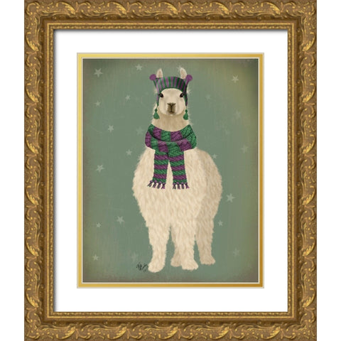 Llama with Purple Scarf, Full Gold Ornate Wood Framed Art Print with Double Matting by Fab Funky