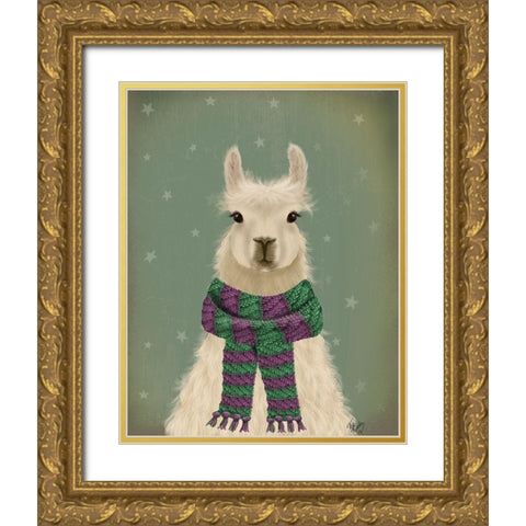Llama with Purple Scarf, Portrait Gold Ornate Wood Framed Art Print with Double Matting by Fab Funky