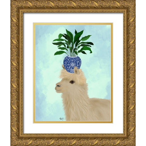 Llama Aspidistra Gold Ornate Wood Framed Art Print with Double Matting by Fab Funky