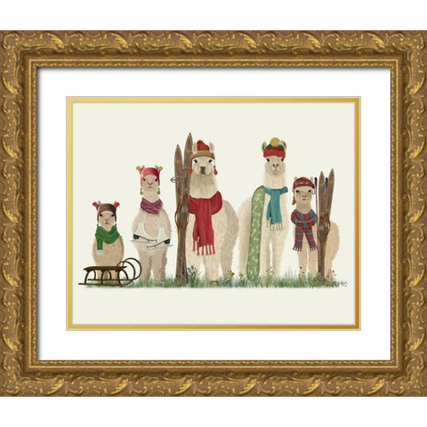 Llama Family Winter Sports Gold Ornate Wood Framed Art Print with Double Matting by Fab Funky