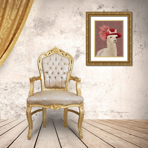 Llama Red Feather Hat Gold Ornate Wood Framed Art Print with Double Matting by Fab Funky