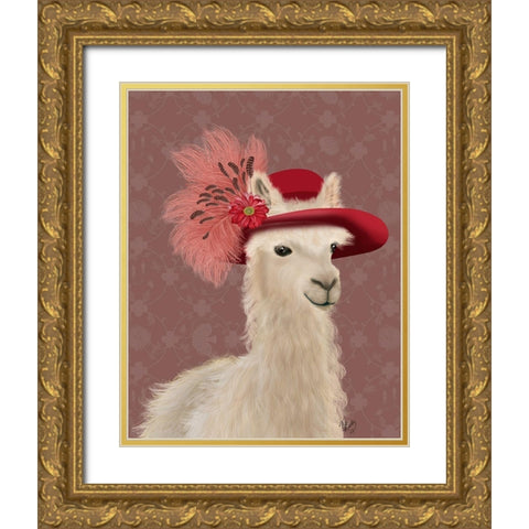 Llama Red Feather Hat Gold Ornate Wood Framed Art Print with Double Matting by Fab Funky