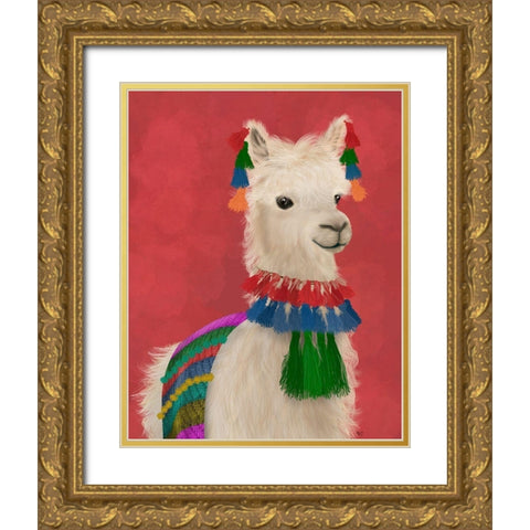 Llama Traditional 1, Portrait Gold Ornate Wood Framed Art Print with Double Matting by Fab Funky