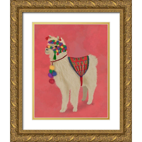 Llama Traditional 2, Full Gold Ornate Wood Framed Art Print with Double Matting by Fab Funky