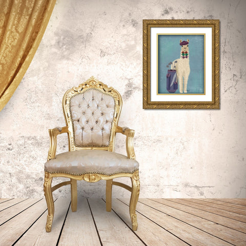 Llama Golfing Gold Ornate Wood Framed Art Print with Double Matting by Fab Funky