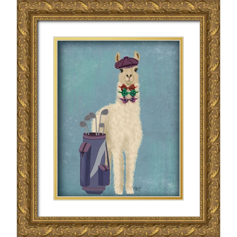Llama Golfing Gold Ornate Wood Framed Art Print with Double Matting by Fab Funky