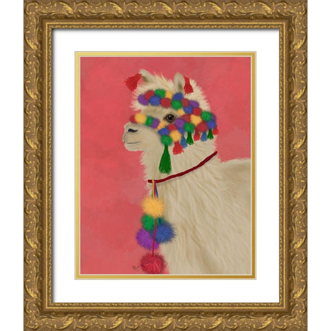 Llama Traditional 2, Portrait Gold Ornate Wood Framed Art Print with Double Matting by Fab Funky