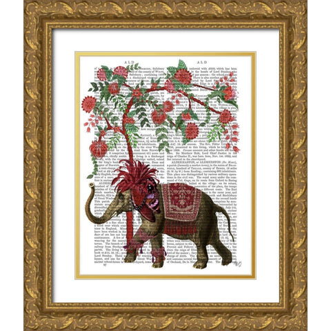 Niraj Elephant, Red Tree Gold Ornate Wood Framed Art Print with Double Matting by Fab Funky