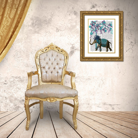 Niraj Elephant, Blue Tree Gold Ornate Wood Framed Art Print with Double Matting by Fab Funky