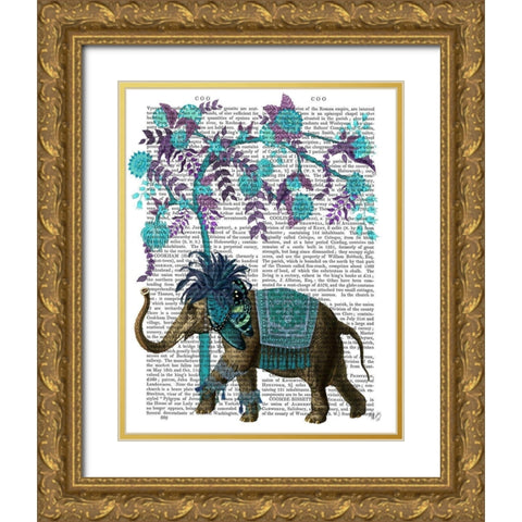 Niraj Elephant, Blue Tree Gold Ornate Wood Framed Art Print with Double Matting by Fab Funky