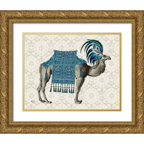 Niraj Camel, Blue Gold Ornate Wood Framed Art Print with Double Matting by Fab Funky