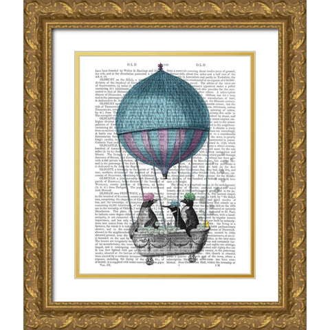 Penguins in Balloon Bath Book Print Gold Ornate Wood Framed Art Print with Double Matting by Fab Funky