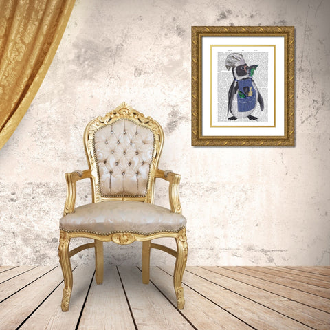 Penguin Chef Book Print Gold Ornate Wood Framed Art Print with Double Matting by Fab Funky