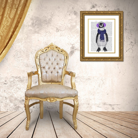 Penguin Ear Muffs Book Print Gold Ornate Wood Framed Art Print with Double Matting by Fab Funky