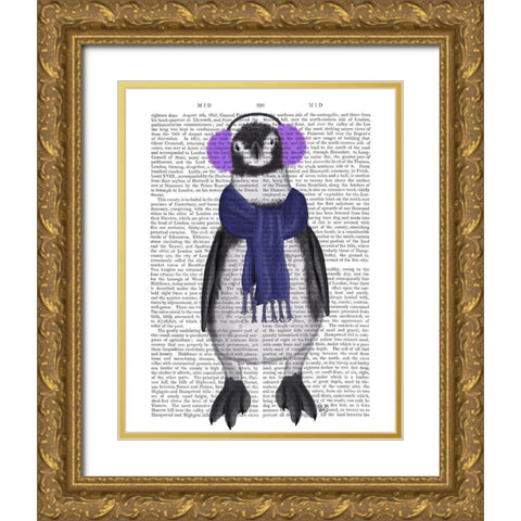 Penguin Ear Muffs Book Print Gold Ornate Wood Framed Art Print with Double Matting by Fab Funky