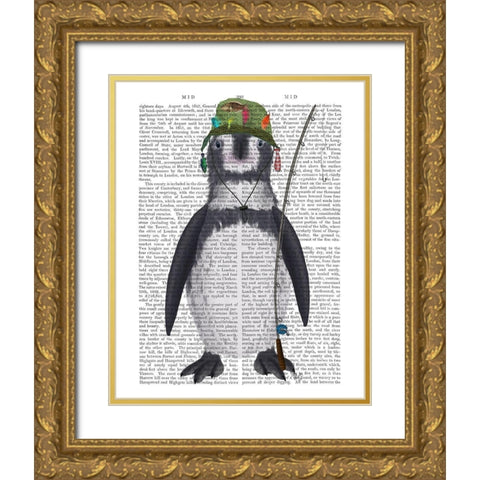 Penguin Fishing Book Print Gold Ornate Wood Framed Art Print with Double Matting by Fab Funky