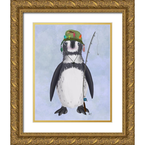 Penguin Fishing Gold Ornate Wood Framed Art Print with Double Matting by Fab Funky