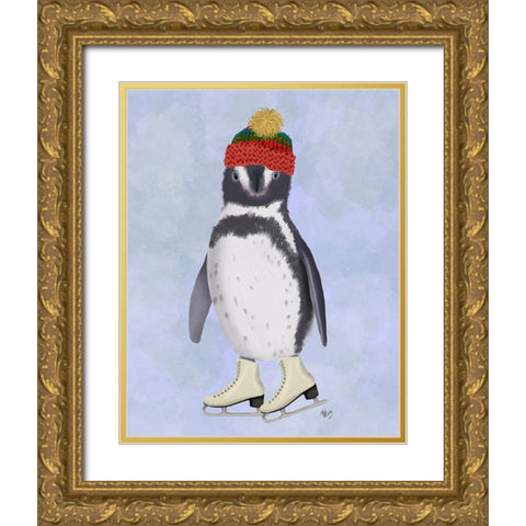 Penguin Ice Skating Gold Ornate Wood Framed Art Print with Double Matting by Fab Funky