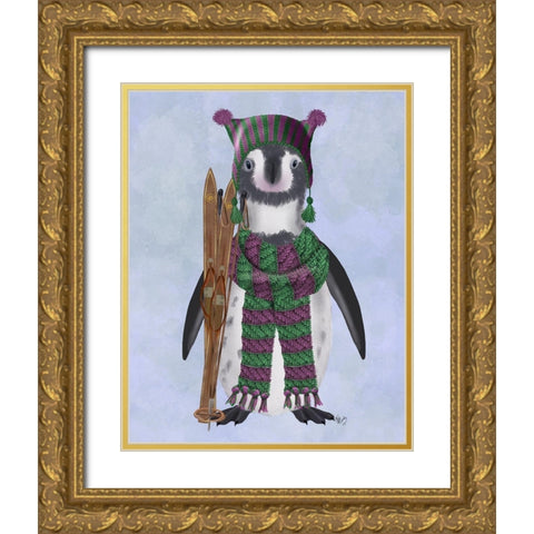 Penguin Skis Gold Ornate Wood Framed Art Print with Double Matting by Fab Funky
