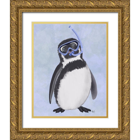 Penguin Snorkel Gold Ornate Wood Framed Art Print with Double Matting by Fab Funky