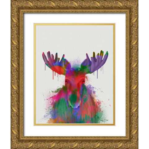 Moose Rainbow Splash Gold Ornate Wood Framed Art Print with Double Matting by Fab Funky