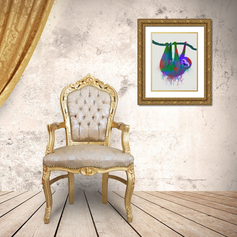 Sloth Rainbow Splash Gold Ornate Wood Framed Art Print with Double Matting by Fab Funky