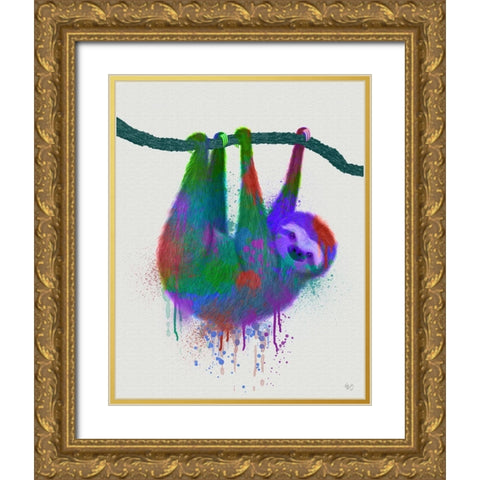Sloth Rainbow Splash Gold Ornate Wood Framed Art Print with Double Matting by Fab Funky