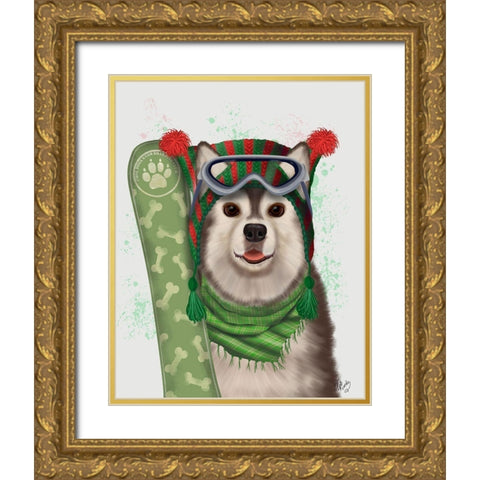Husky Snowboard Gold Ornate Wood Framed Art Print with Double Matting by Fab Funky