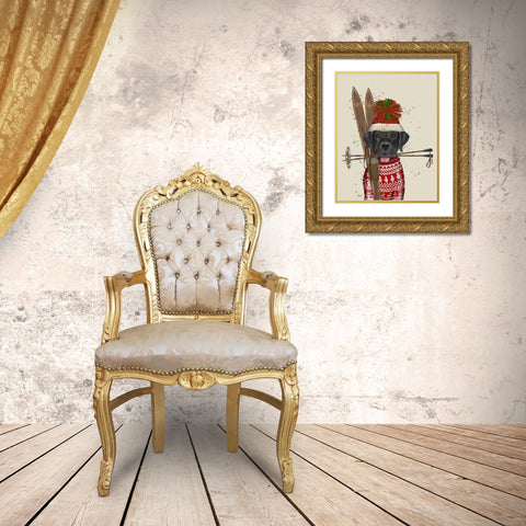 Black Labrador, Skiing Gold Ornate Wood Framed Art Print with Double Matting by Fab Funky