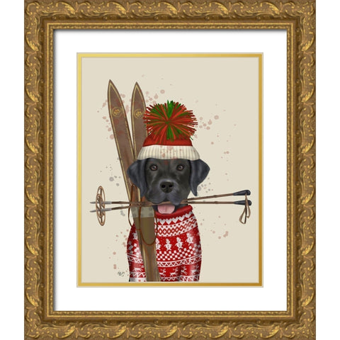 Black Labrador, Skiing Gold Ornate Wood Framed Art Print with Double Matting by Fab Funky