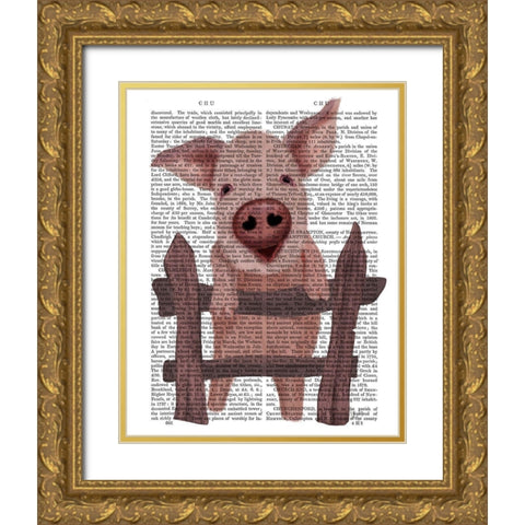 Pig On Fence Book Print Gold Ornate Wood Framed Art Print with Double Matting by Fab Funky