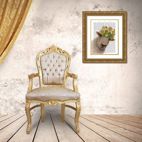 Sheep with Daffodil Crown Book Print Gold Ornate Wood Framed Art Print with Double Matting by Fab Funky
