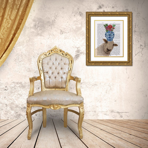 Sheep with Vase of Flowers Book Print Gold Ornate Wood Framed Art Print with Double Matting by Fab Funky