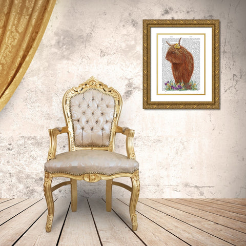 Highland Cow, Pansy Book Print Gold Ornate Wood Framed Art Print with Double Matting by Fab Funky