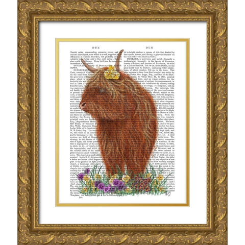 Highland Cow, Pansy Book Print Gold Ornate Wood Framed Art Print with Double Matting by Fab Funky