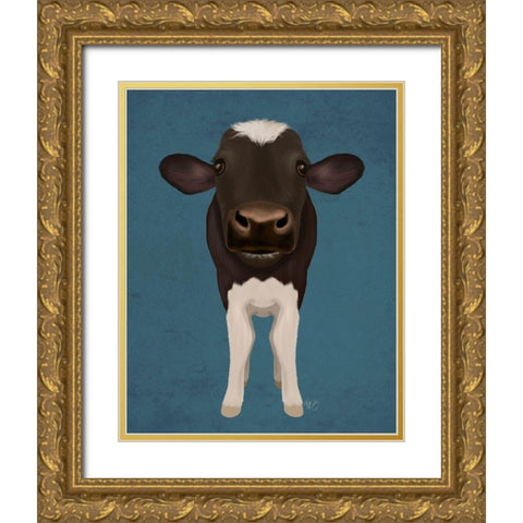 Nosey Cow 2 Gold Ornate Wood Framed Art Print with Double Matting by Fab Funky
