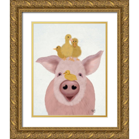 Pig and Ducklings Gold Ornate Wood Framed Art Print with Double Matting by Fab Funky