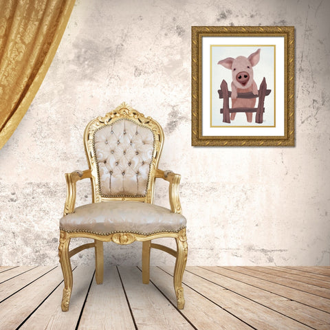 Pig On Fence Gold Ornate Wood Framed Art Print with Double Matting by Fab Funky