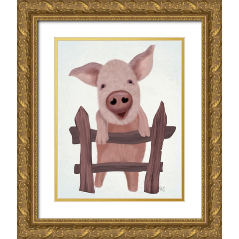 Pig On Fence Gold Ornate Wood Framed Art Print with Double Matting by Fab Funky