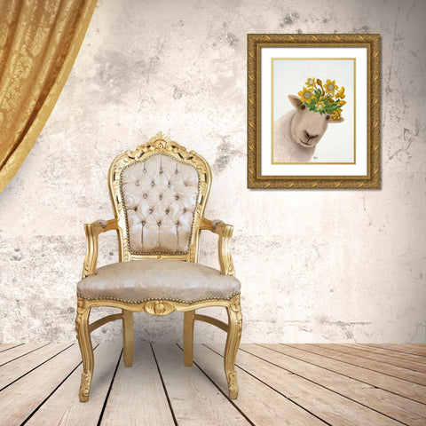 Sheep with Daffodil Crown Gold Ornate Wood Framed Art Print with Double Matting by Fab Funky