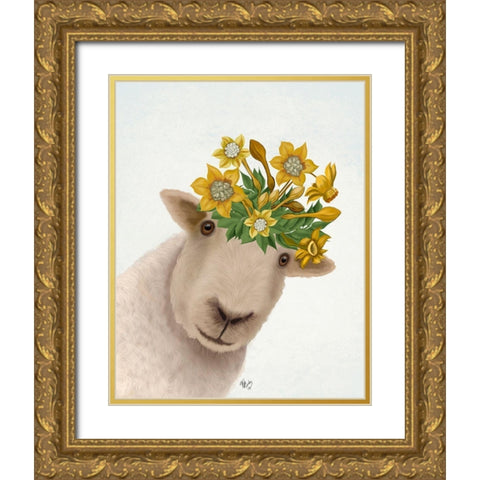 Sheep with Daffodil Crown Gold Ornate Wood Framed Art Print with Double Matting by Fab Funky