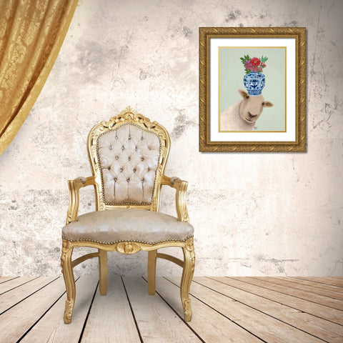 Sheep with Vase of Flowers Gold Ornate Wood Framed Art Print with Double Matting by Fab Funky
