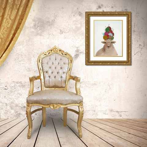 Sheep with Wool Hat, Portrait Gold Ornate Wood Framed Art Print with Double Matting by Fab Funky