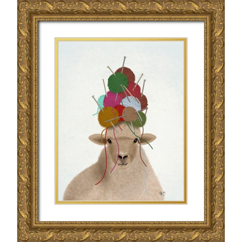 Sheep with Wool Hat, Portrait Gold Ornate Wood Framed Art Print with Double Matting by Fab Funky
