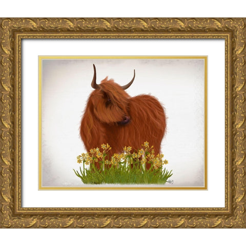 Highland Cow, Daffodil Gold Ornate Wood Framed Art Print with Double Matting by Fab Funky