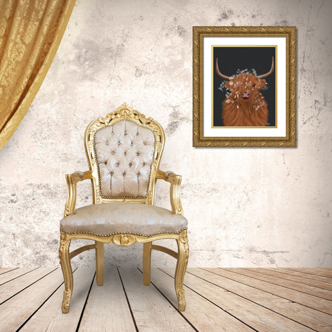 Highland Cow 1, White Flowers Gold Ornate Wood Framed Art Print with Double Matting by Fab Funky