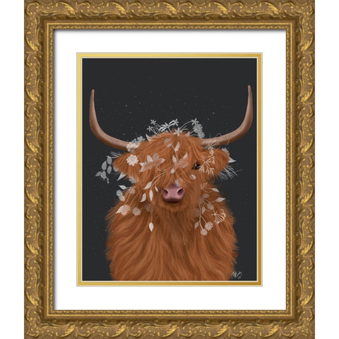 Highland Cow 1, White Flowers Gold Ornate Wood Framed Art Print with Double Matting by Fab Funky