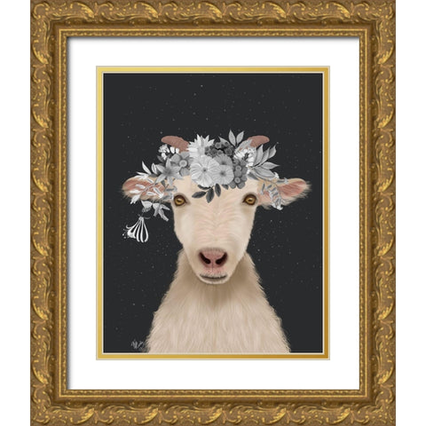 Goat 1, White Flowers Gold Ornate Wood Framed Art Print with Double Matting by Fab Funky