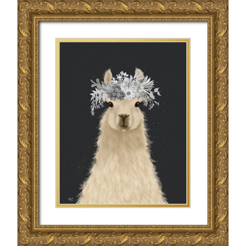 Llama White Flowers Gold Ornate Wood Framed Art Print with Double Matting by Fab Funky